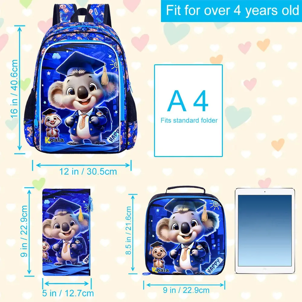 3 Piece Koala Backpack Set For Boys 16 Inch Bookbag Lunch Box Preschool To Elementary