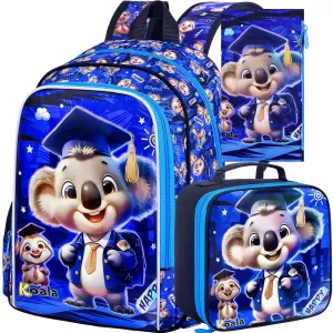 3 Piece Koala Backpack Set For Boys 16 Inch Bookbag Lunch Box Preschool To Elementary