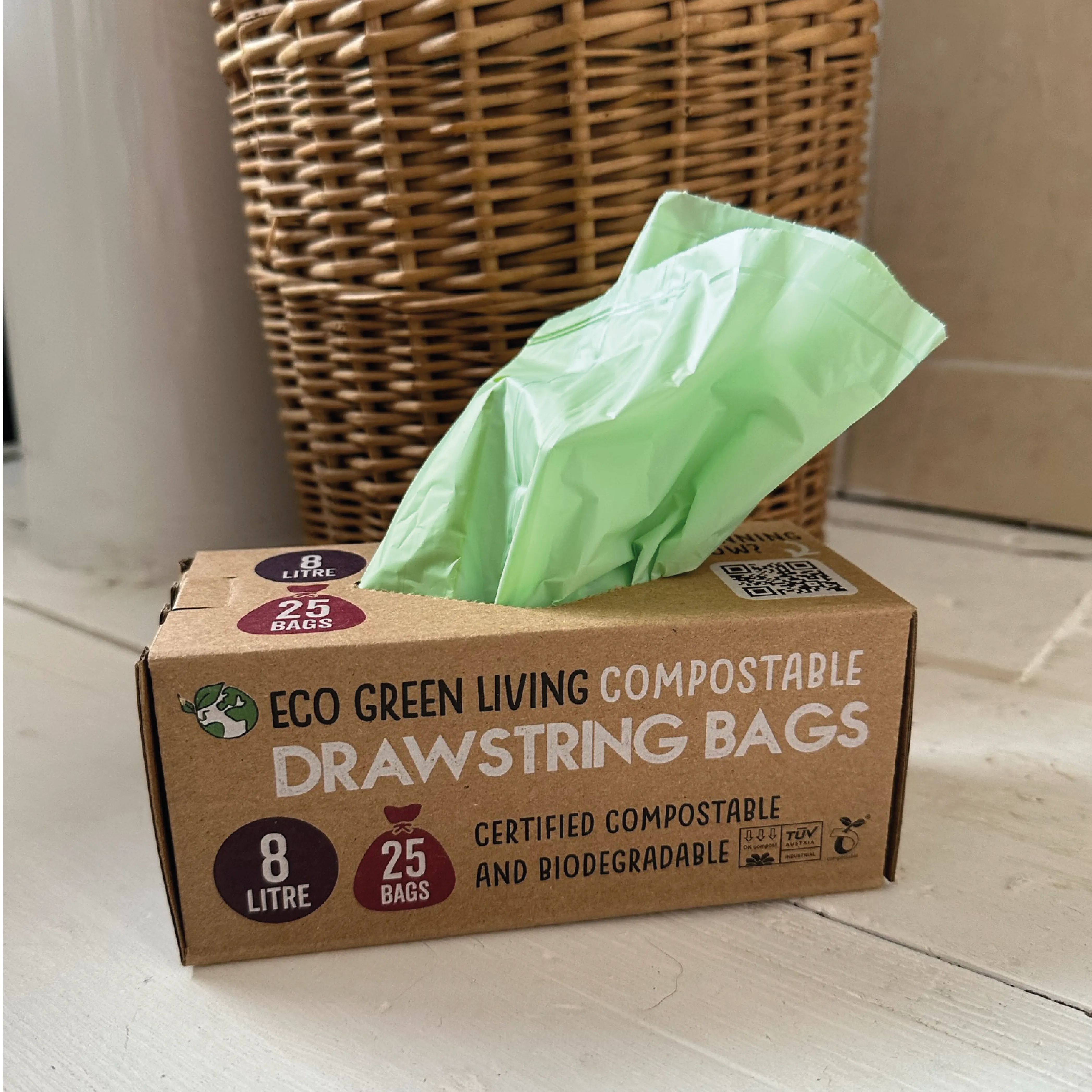 Compostable Drawstring Bin Bags | 2 Gallon (25 bags)