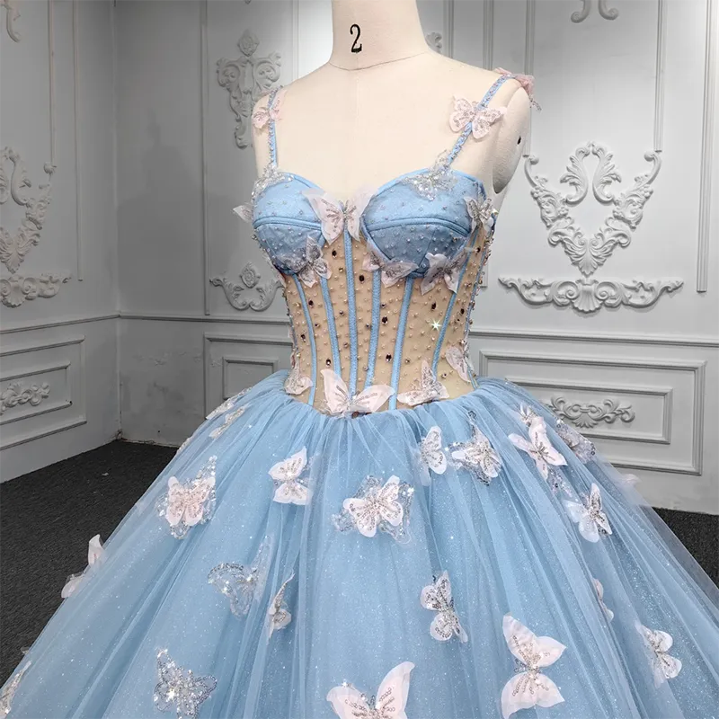 Exquisite Quinceanera Dresses Spaghetti Straps Beading Evening Party Dresses with 3D Butterfly Appliques