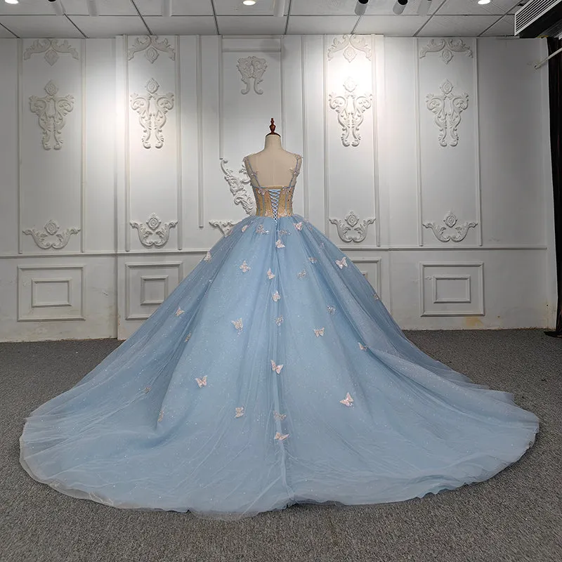 Exquisite Quinceanera Dresses Spaghetti Straps Beading Evening Party Dresses with 3D Butterfly Appliques