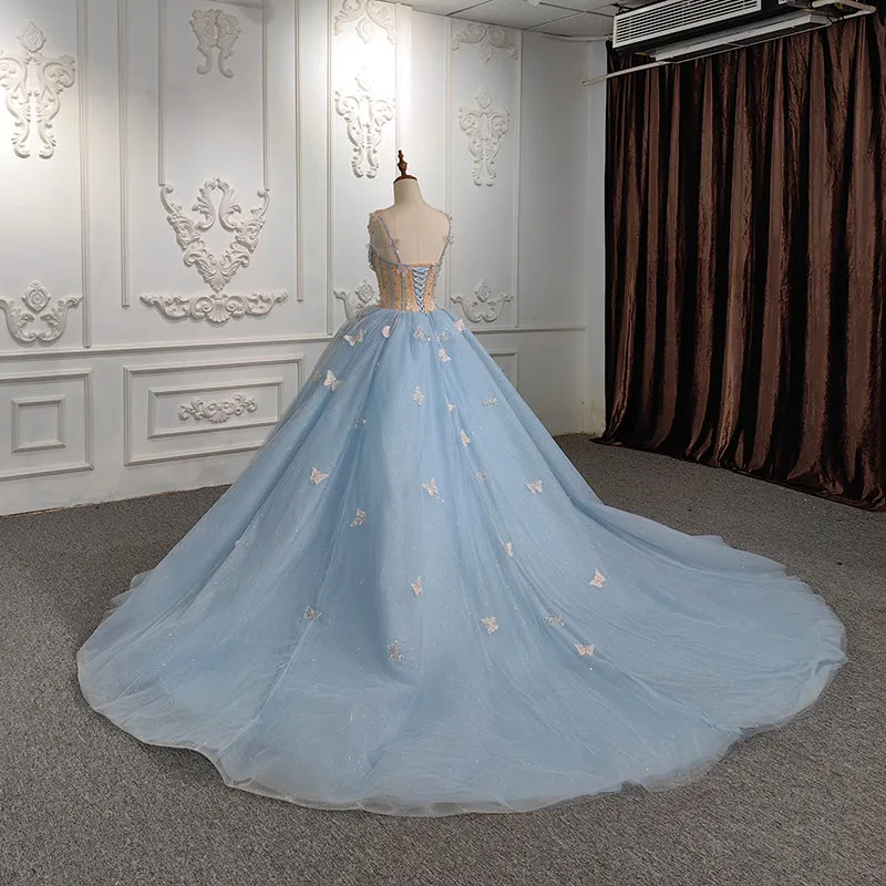 Exquisite Quinceanera Dresses Spaghetti Straps Beading Evening Party Dresses with 3D Butterfly Appliques