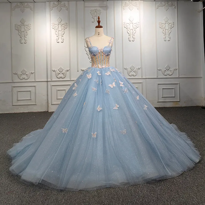 Exquisite Quinceanera Dresses Spaghetti Straps Beading Evening Party Dresses with 3D Butterfly Appliques
