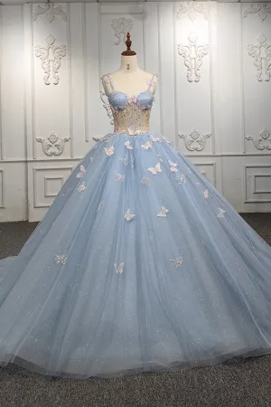 Exquisite Quinceanera Dresses Spaghetti Straps Beading Evening Party Dresses with 3D Butterfly Appliques