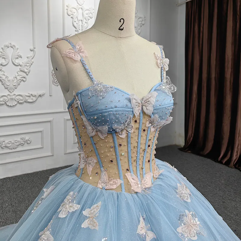 Exquisite Quinceanera Dresses Spaghetti Straps Beading Evening Party Dresses with 3D Butterfly Appliques