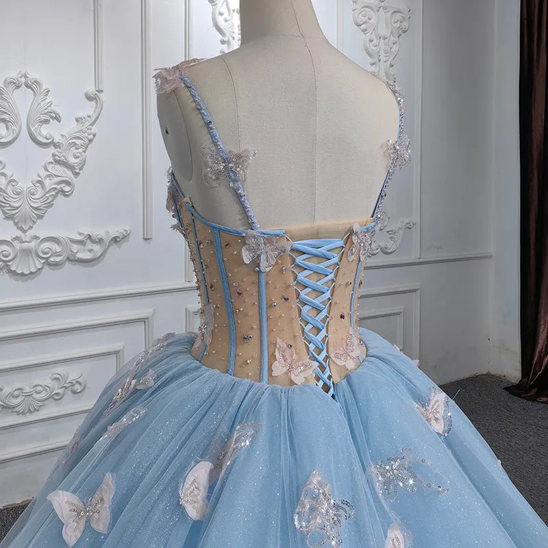 Exquisite Quinceanera Dresses Spaghetti Straps Beading Evening Party Dresses with 3D Butterfly Appliques