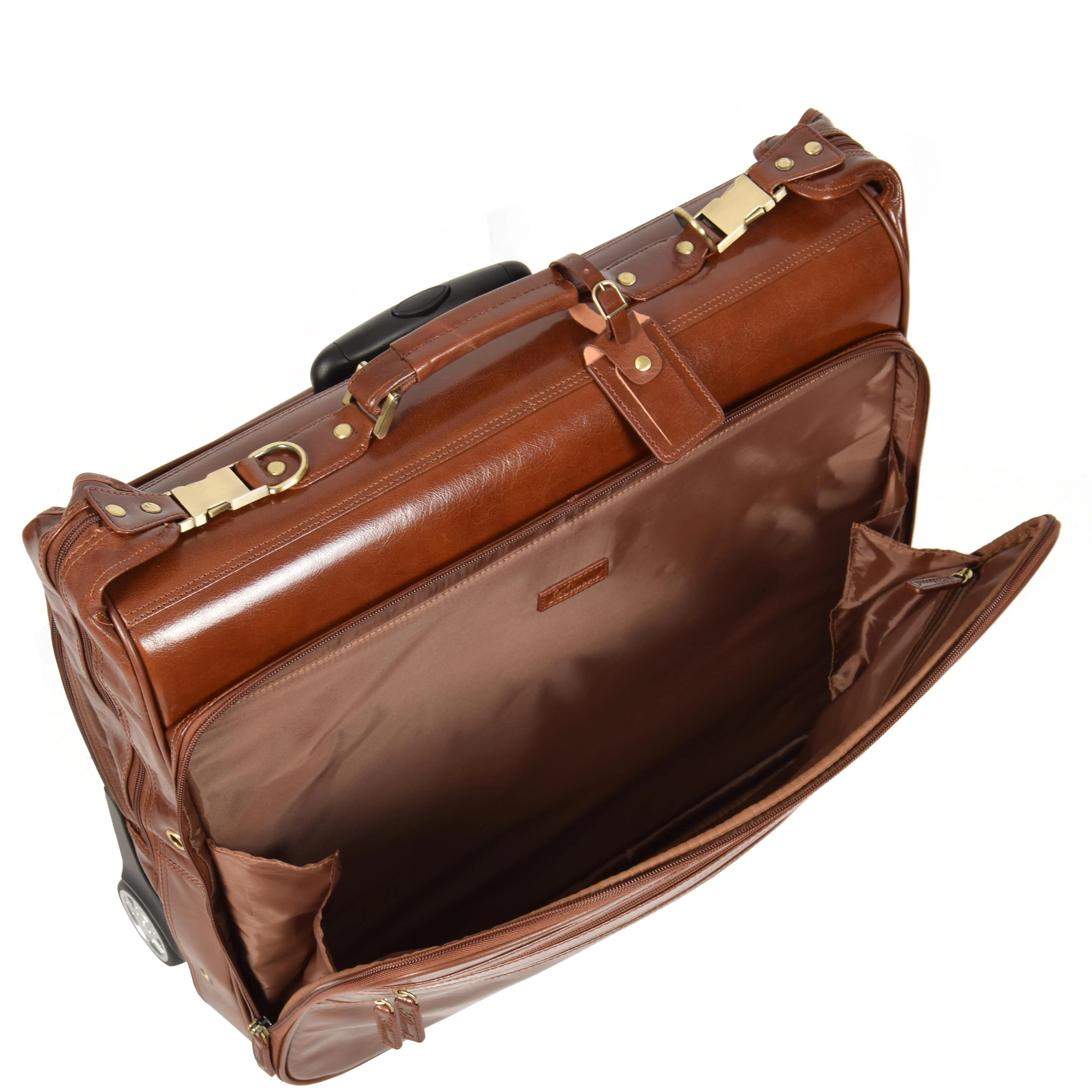 Leather Suit Carrier with Wheels HOL13 Chestnut Tan
