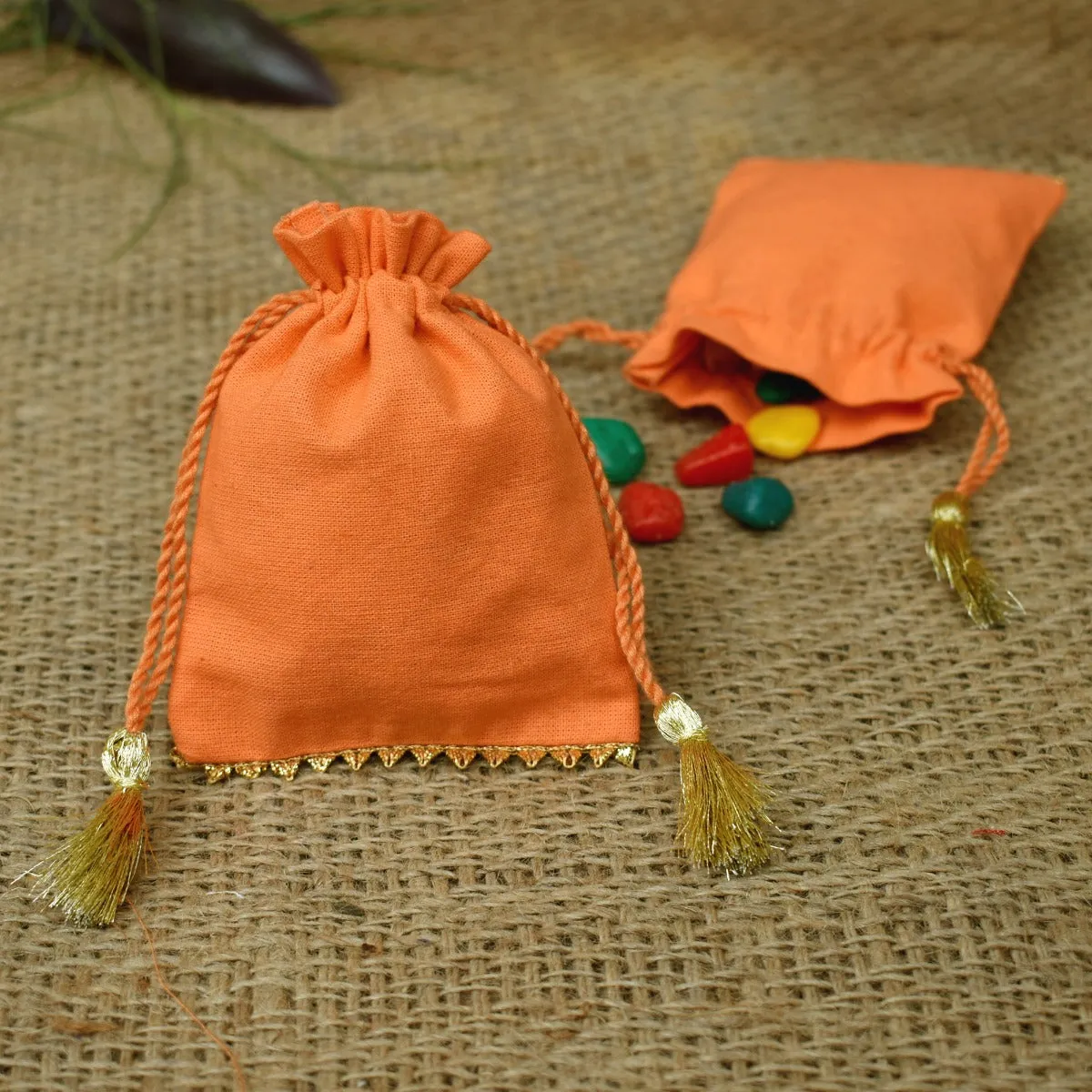Personalized Logo Small Bags Gold Lace Handmade Jewelry Orange Pouches - CraftJaipur