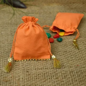 Personalized Logo Small Bags Gold Lace Handmade Jewelry Orange Pouches - CraftJaipur
