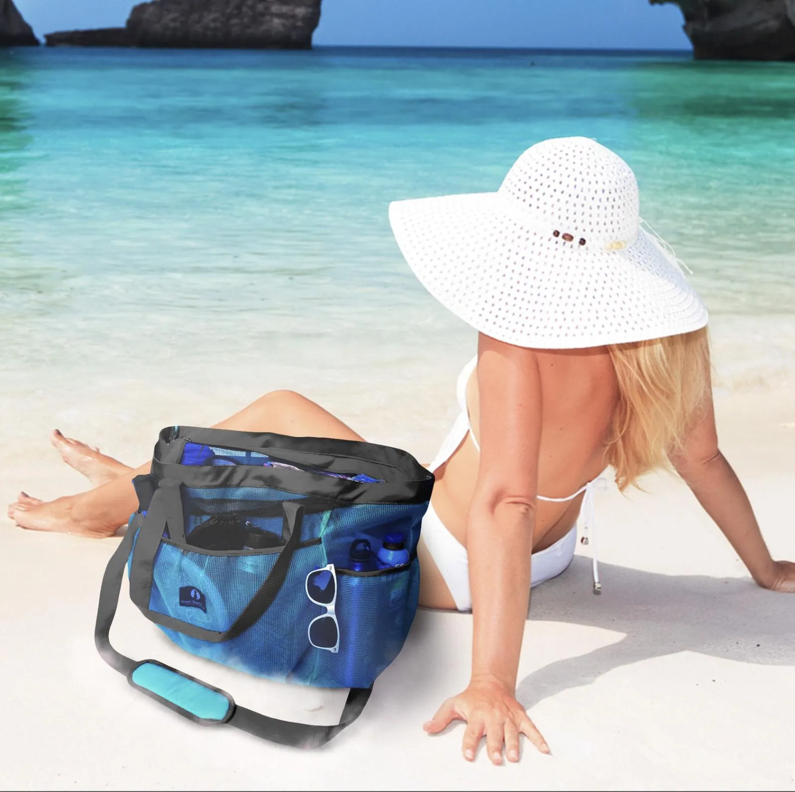Red Suricata XL Mesh Beach Bag Tote -  Celeste Blue & Grey
