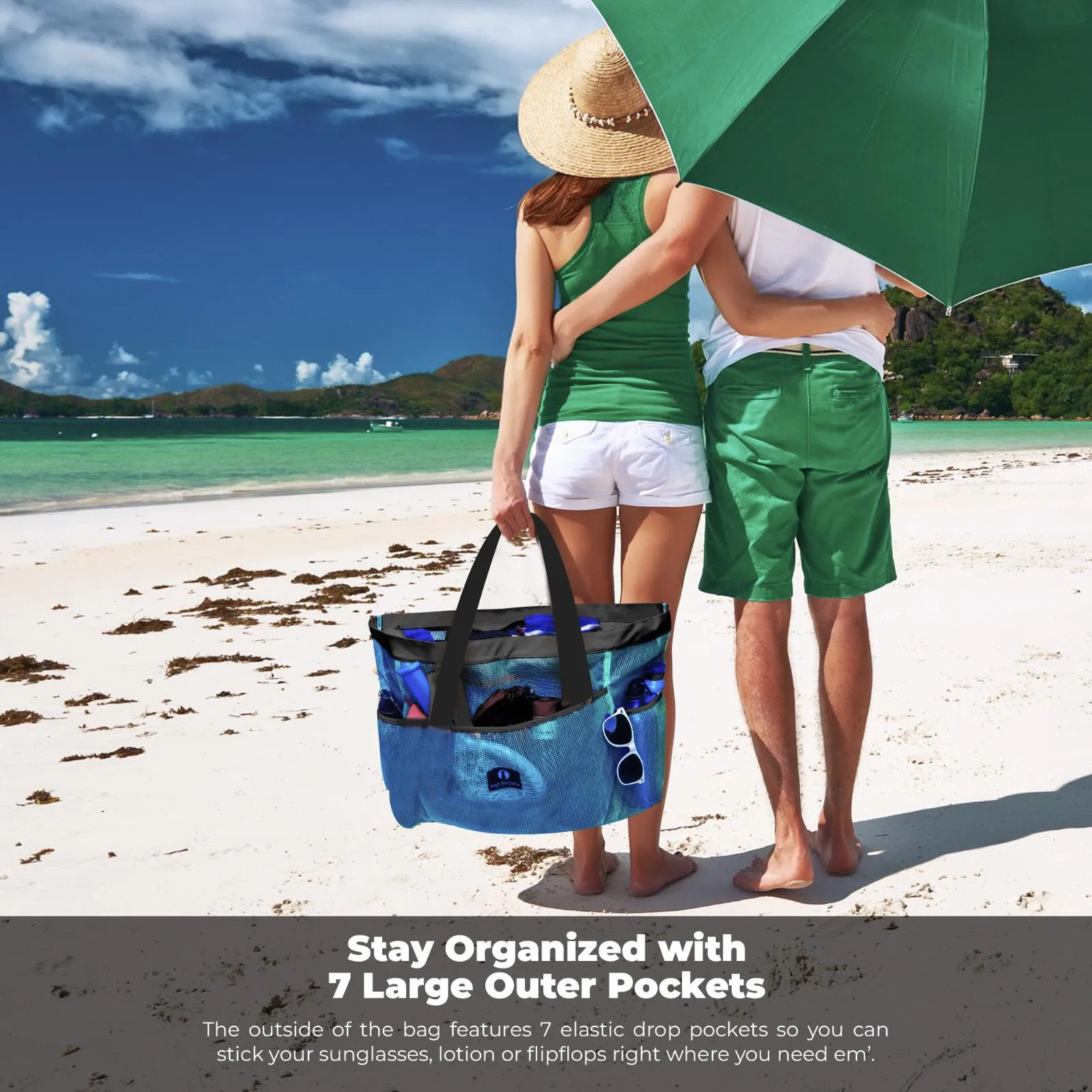 Red Suricata XL Mesh Beach Bag Tote -  Celeste Blue & Grey