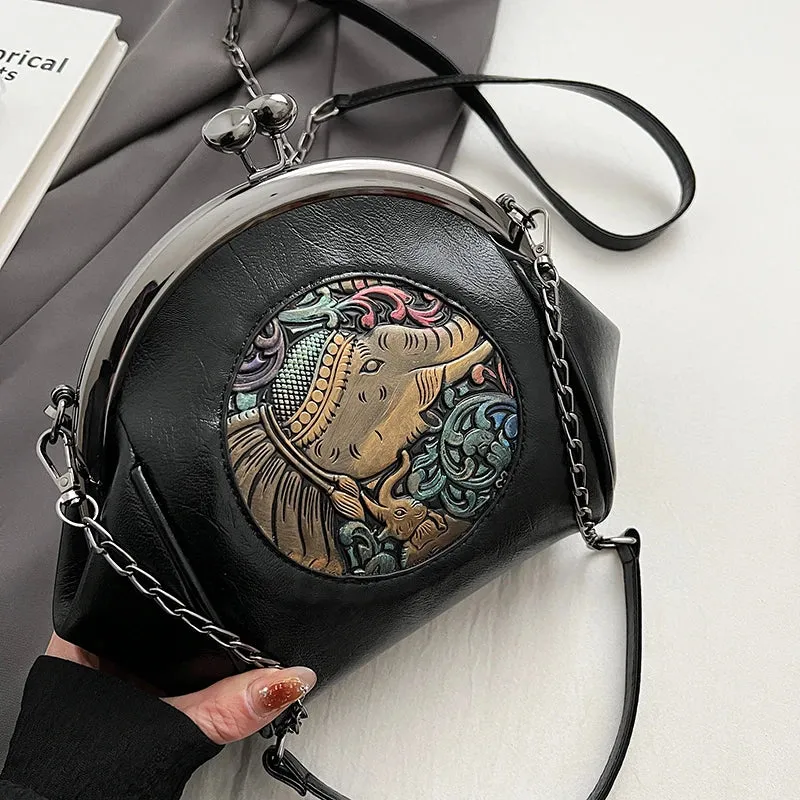 Retro Chinese Style Chain Meets New Western Style Clip Mouth Versatile Small Shell Bag - Single  Shoulder - PU Leather.