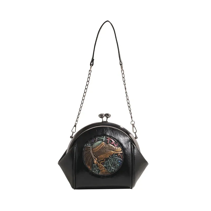 Retro Chinese Style Chain Meets New Western Style Clip Mouth Versatile Small Shell Bag - Single  Shoulder - PU Leather.