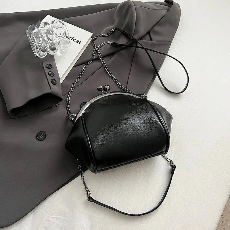 Retro Chinese Style Chain Meets New Western Style Clip Mouth Versatile Small Shell Bag - Single  Shoulder - PU Leather.