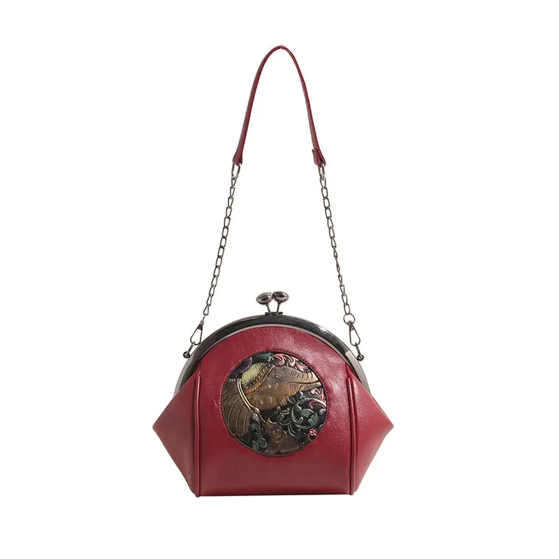 Retro Chinese Style Chain Meets New Western Style Clip Mouth Versatile Small Shell Bag - Single  Shoulder - PU Leather.