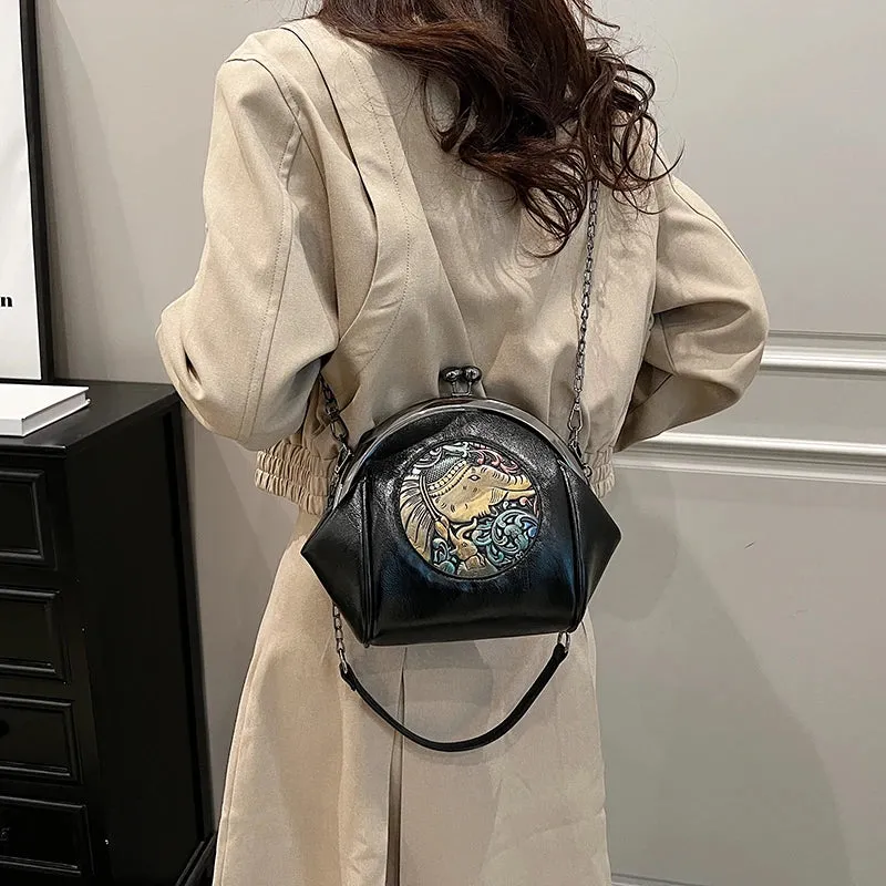 Retro Chinese Style Chain Meets New Western Style Clip Mouth Versatile Small Shell Bag - Single  Shoulder - PU Leather.