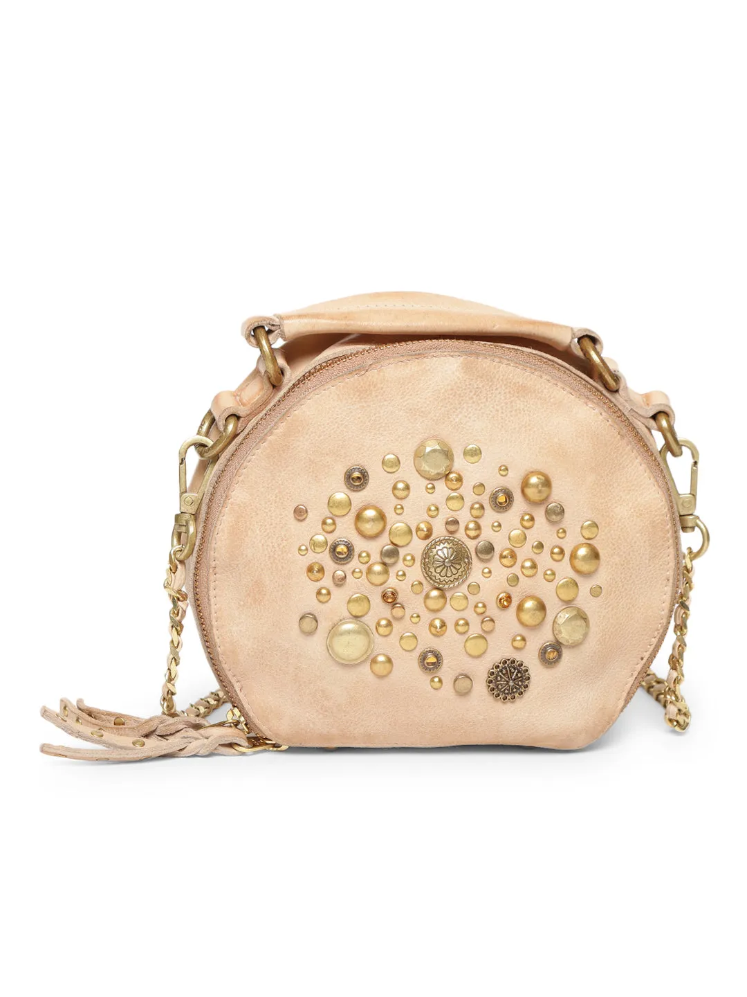 Rivet & Concho: The Statement Ivory Beige  Round Shape Crossbody By Art N Vintage