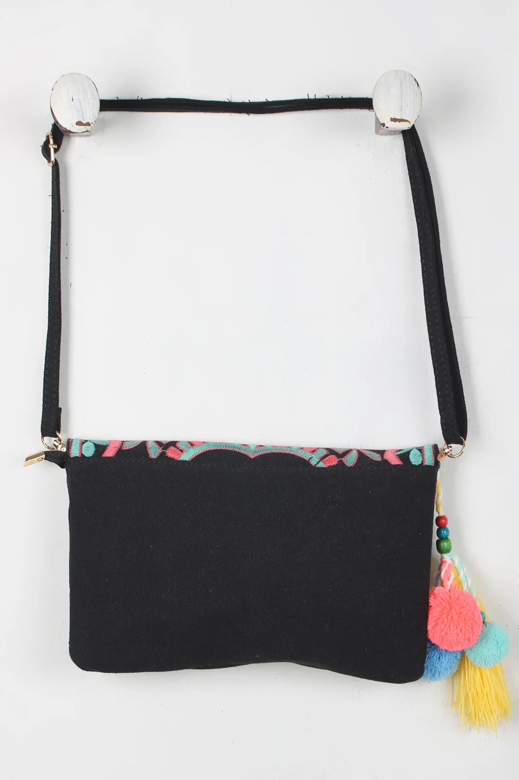 Tassel Pom Pom Embroidered Bag