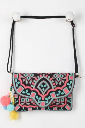 Tassel Pom Pom Embroidered Bag