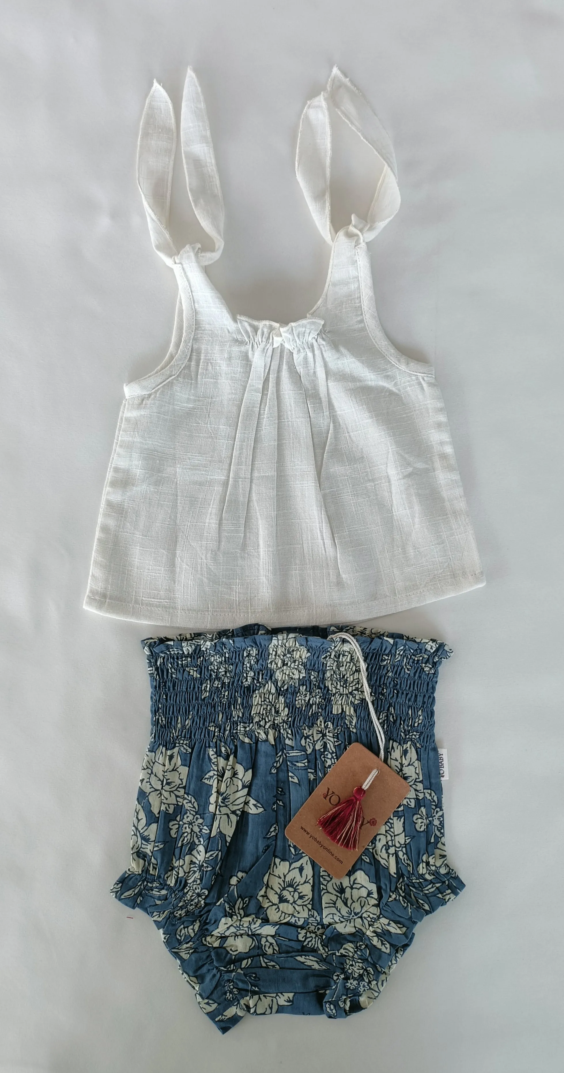 White Top & Printed High-Waisted Smocked Diaper Cover 6pcs Set