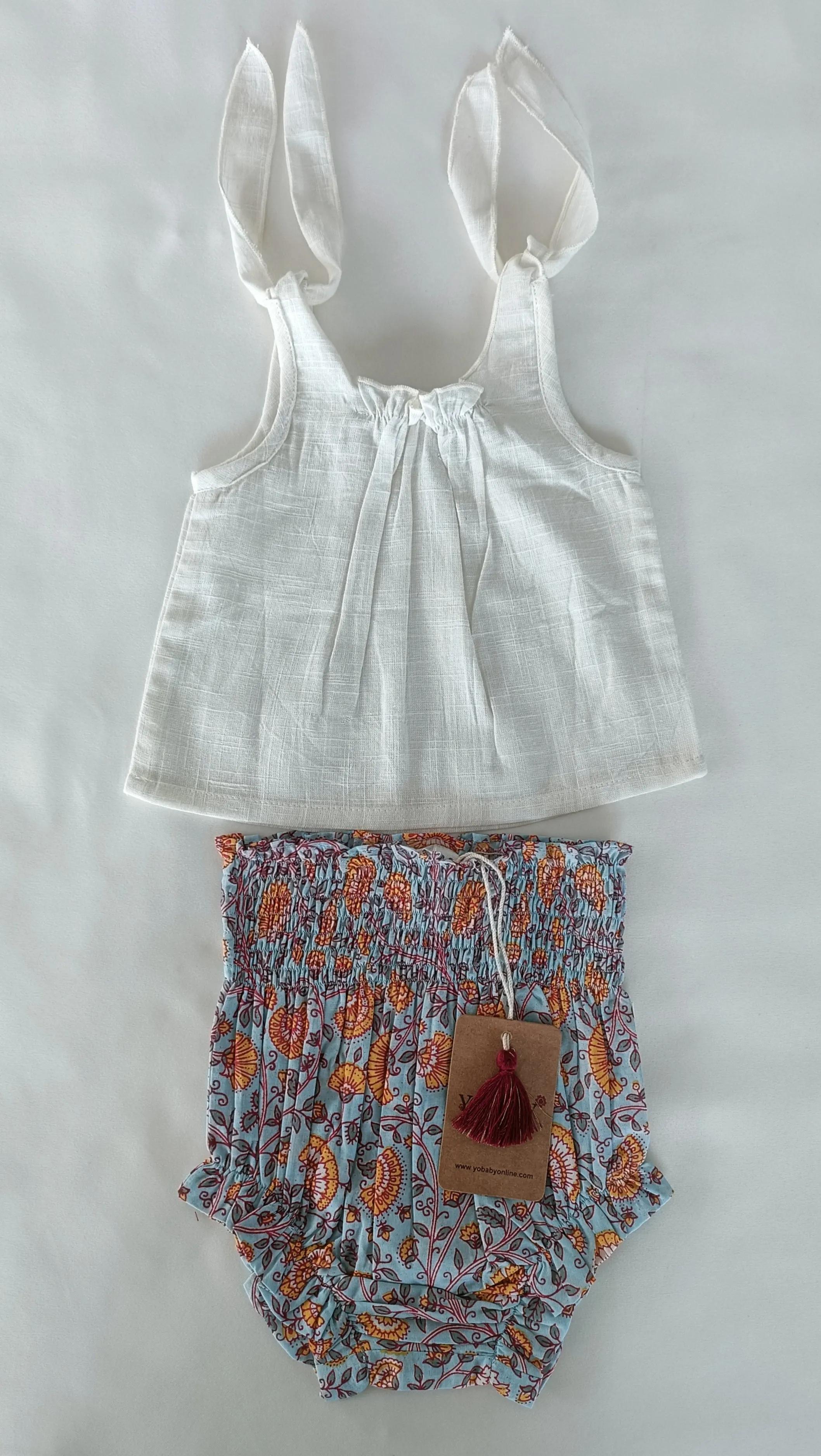 White Top & Printed High-Waisted Smocked Diaper Cover 6pcs Set