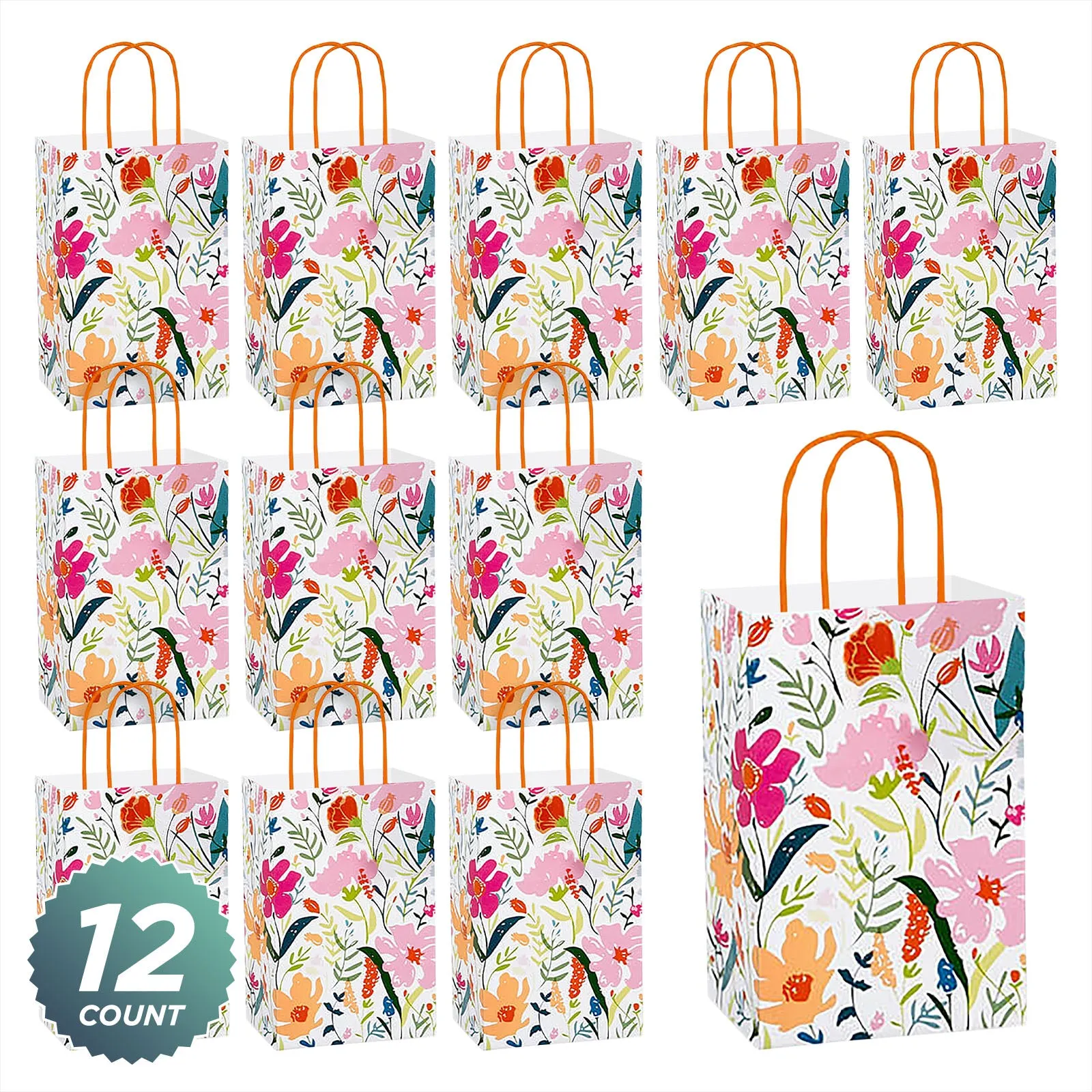 Wildflower Fields Paper Gift Bags and Party Favor Bags, 5.25"x3.5"x8.25" (12 Pack)