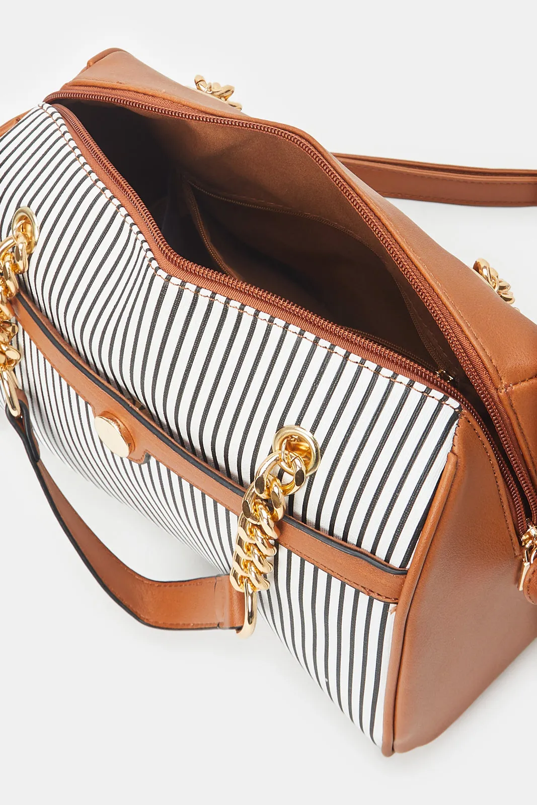 Women Beige Striped Bollin Bag